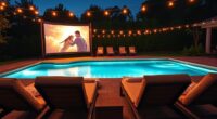 outdoor poolside movie setup