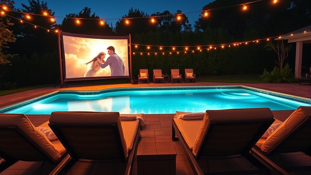 outdoor poolside movie setup