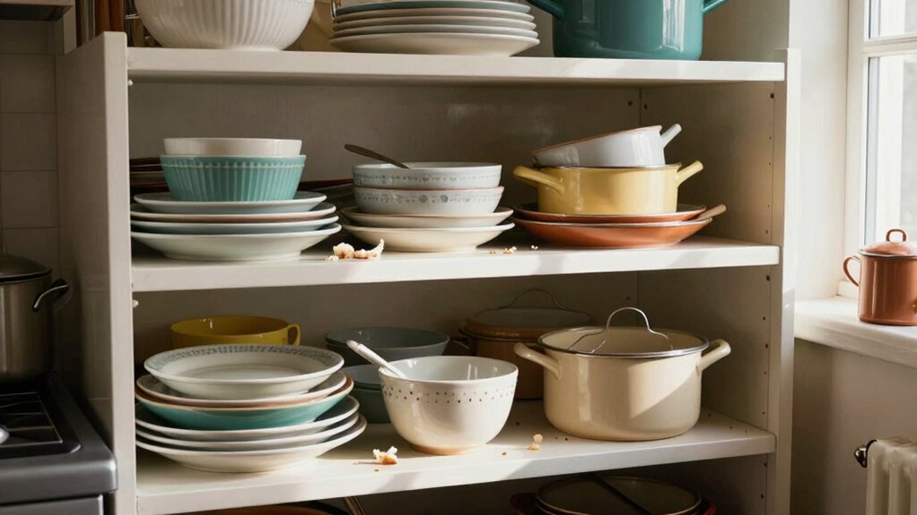 cluttered inaccessible open shelves